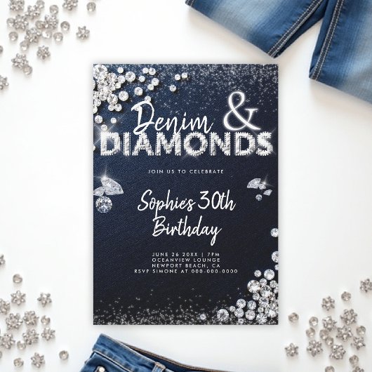 Invitation Denim Diamonds Glam Type Élégant 30e anniversaire
