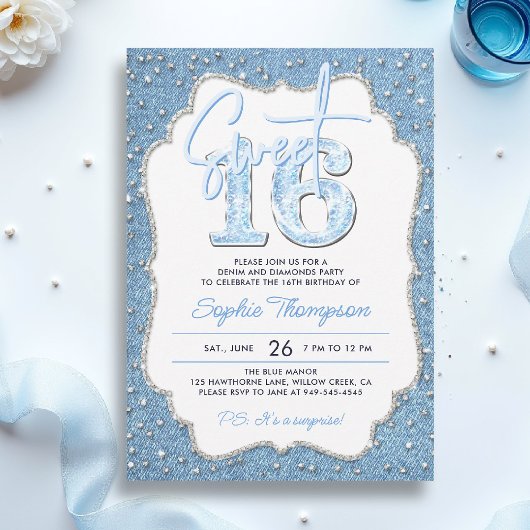 Invitation Denim Diamonds Glitter Elegant Frame Sweet 16