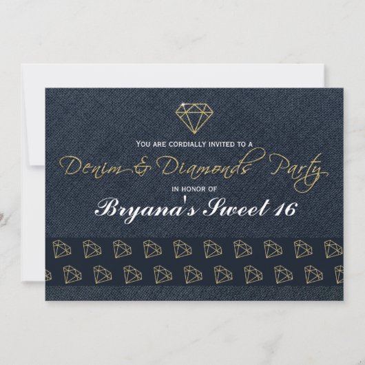 Invitation Denim & Diamonds Gold & Blue Glam Party (Devant)