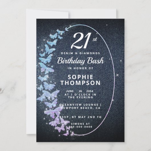 Invitation Denim Diamonds Holo Butterfly Frame anniversaire f (Devant)