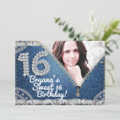 Invitation Denim & Diamonds Jean Zipper Sweet 16 Photo Party (Debout devant)