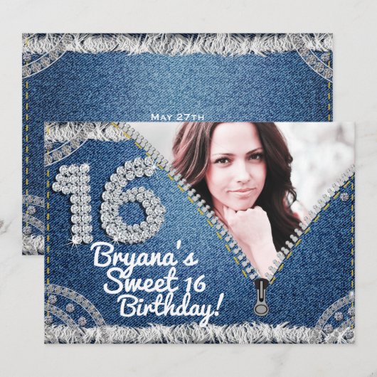 Invitation Denim & Diamonds Jean Zipper Sweet 16 Photo Party (Devant / Derrière)