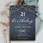 Invitation Denim Diamonds Lumières rustiques 21e anniversaire<br><div class="desc">Un modèle simple, moderne, élégant et chic de fête de 21e anniversaire avec un arrière - plan denim, des cordes de lumières rustiques, le mot BIRTHDAY couvert de diamants blancs (simulés, pas de vrais diamants) et dans le script de calligraphie moderne, et la typographie en blanc. Un élégant "denim and...</div>