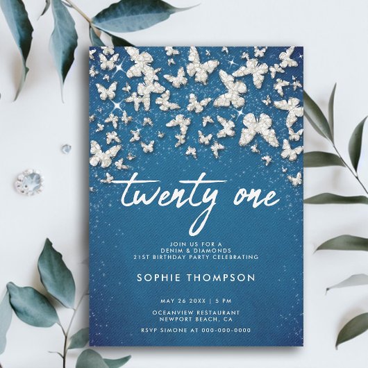 Invitation Denim Diamonds Papillons Parties scintillant Bleu 