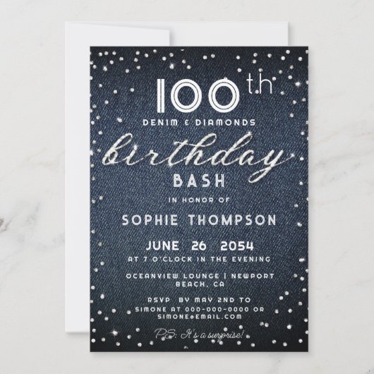 Invitation Denim Diamonds Parties scintillant Moderne 100e fê (Devant)