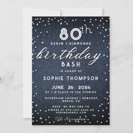 Invitation Denim Diamonds Parties scintillant Moderne 80e fêt (Devant)