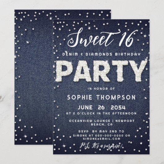 Invitation Denim Diamonds Parties scintillant Sweet 16 Annive (Devant / Derrière)