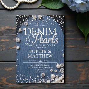 Invitation Denim Diamonds Pearls Blue Arch Chic Couple Douche