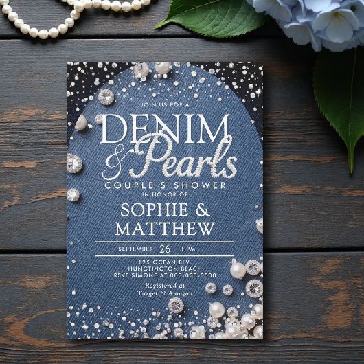 Invitation Denim Diamonds Pearls Blue Arch Chic Couple Douche
