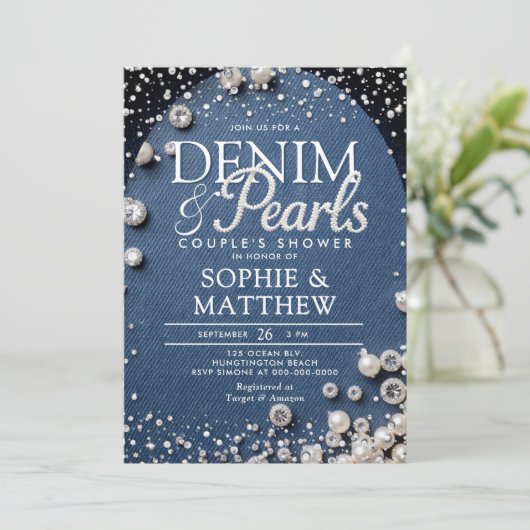 Invitation Denim Diamonds Pearls Blue Arch Chic Couple Douche (Debout devant)