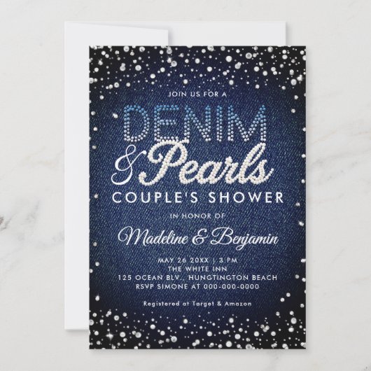 Invitation Denim Diamonds Pearls Blue Modern Couple Douche (Devant)