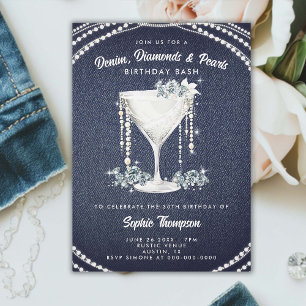 Invitation Denim Diamonds Pearls Champagne Anniversaire