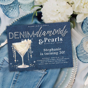 Invitation Denim Diamonds Pearls Champagne Blue Chic Annivers