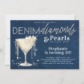 Invitation Denim Diamonds Pearls Champagne Blue Chic Annivers (Devant)