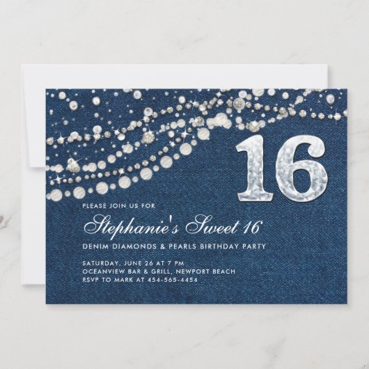 Invitation Denim Diamonds Pearls Élégant Classy Chic Sweet 16 (Devant)