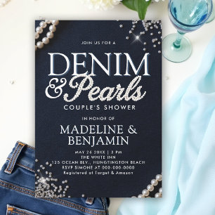Invitation Denim Diamonds Pearls Elégant Couple Bleu Douche