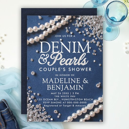 Invitation Denim Diamonds Pearls Élégant Type Couple Douche