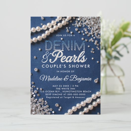 Invitation Denim Diamonds Pearls Élégante Douche Couple Moder (Debout devant)