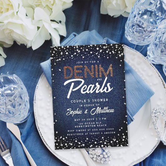 Invitation Denim Diamonds Pearls Moderne Élégante Douche Coup