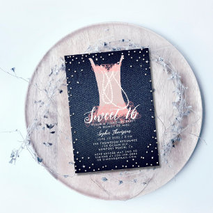Invitation Denim Diamonds Pearls Pink Tutu Sweet 16 Party