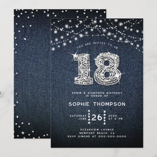 Invitation Denim Diamonds Rhinestones Élégant 18ème anniversa (Devant / Derrière)