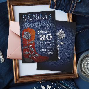 Invitation Denim Diamonds Rose Bling fille fête d'anniversai