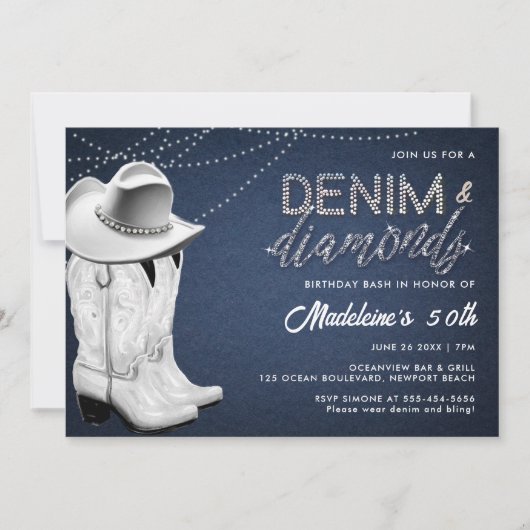 Invitation Denim Diamonds Rustic Glam Casquette Bottes 50e an (Devant)