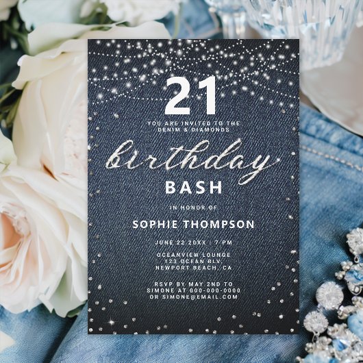 Invitation Denim Diamonds Rustic Lights 21e fête d'anniversai
