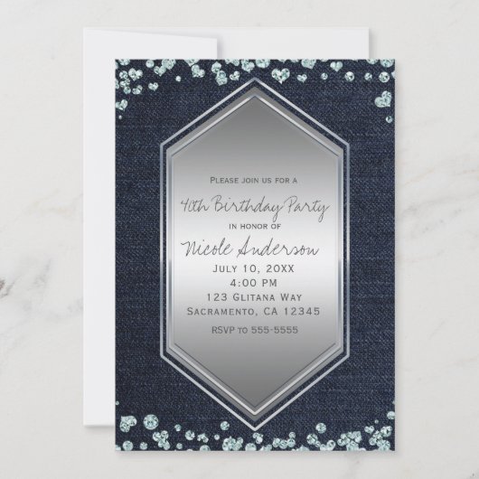 Invitation Denim Diamonds Silver Hearts Anniversaire fête (Devant)