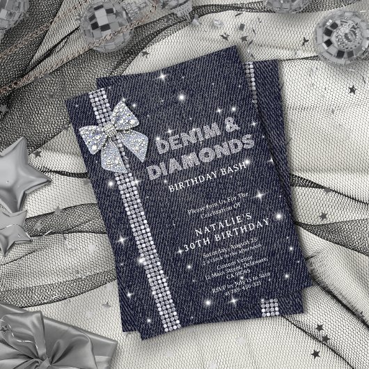 Invitation Denim & Diamonds Sparking Navy Bow Anniversaire