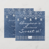 Invitation Denim Diamonds Teardrop Bling Sweet 16 (Devant / Derrière)
