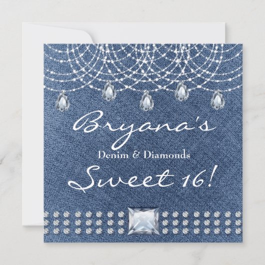 Invitation Denim Diamonds Teardrop Bling Sweet 16 (Devant)