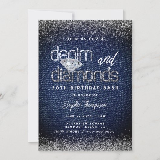Invitation Denim Diamonds Typographie Chic 30e fête d'anniver (Devant)