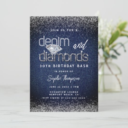 Invitation Denim Diamonds Typographie Chic 30e fête d'anniver (Debout devant)