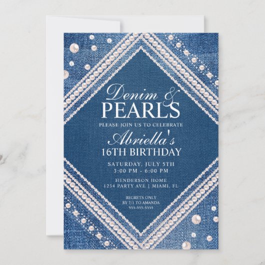 Invitation Denim Élégant et Perles (Devant)