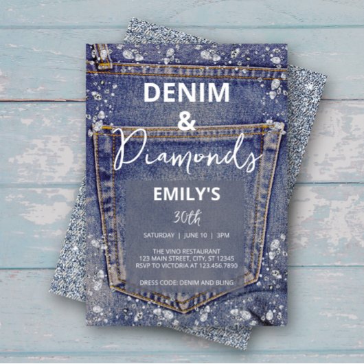 Invitation Denim et Diamonds Bling Jean Glam Anniversaire