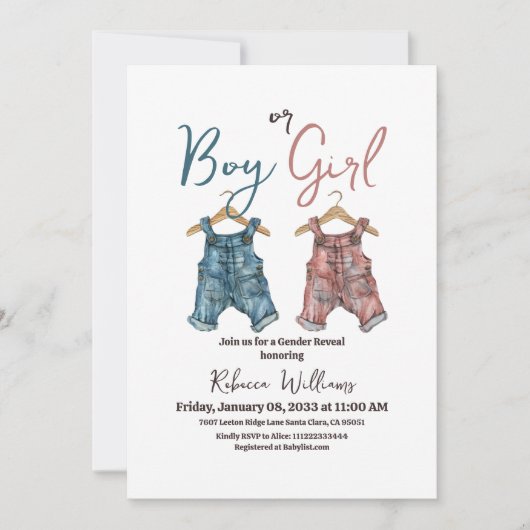 Invitation Denim Garçon ou fille Clothesline Révélation de ge (Devant)