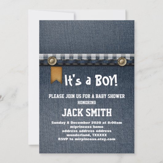 Invitation denim, jean bleu, cowboy, baby shower occidental (Devant)