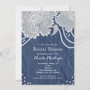 Invitation Denim Jean Pearls White Paisley Lace Fête des mari