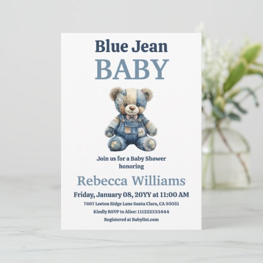 Invitation Denim Patchwork Bear Boy Blue Jean Baby Shower (Debout devant)