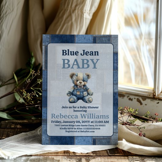 Invitation Denim Patchwork Bear Toy Blue Jean Baby Shower
