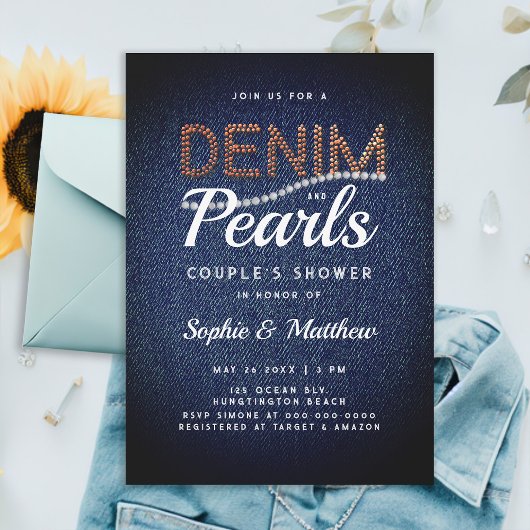 Invitation Denim Pearls Couple Wedding shower Élégant Rustiqu