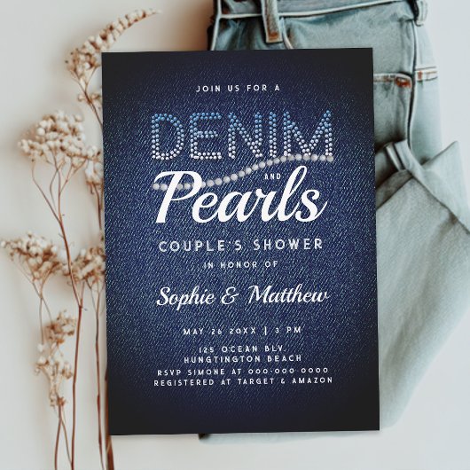 Invitation Denim Pearls Couple Wedding shower moderne Rustiqu