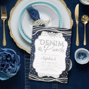Invitation Denim Pearls Elégant Classique Moderne 50e Anniver