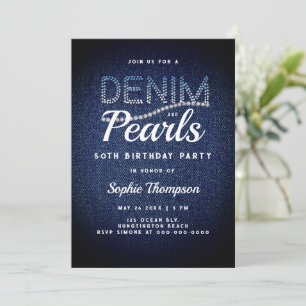 Invitation Denim Pearls élégant rustique moderne 50e annivers