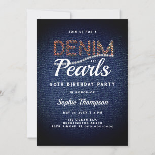 Invitation Denim Pearls Élégante grange rustique 50e annivers