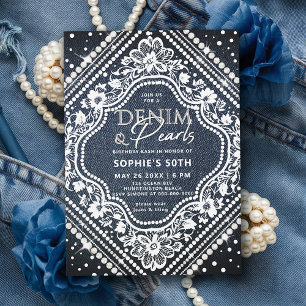 Invitation Denim Pearls Lace élégant moderne 50e anniversaire