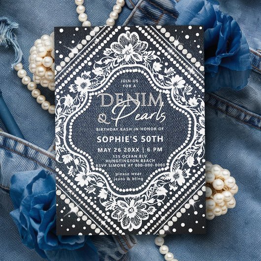 Invitation Denim Pearls Lace élégant moderne 50e anniversaire