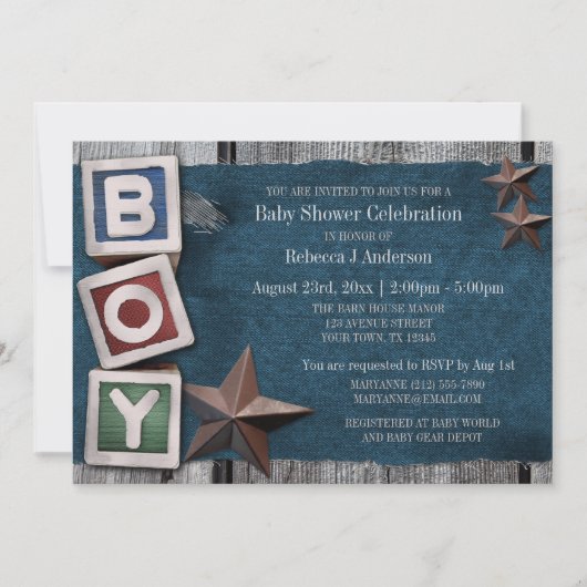 Invitation Denim, Stars & Blocks Country Boy Baby shower (Devant)