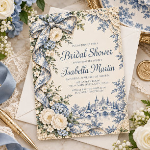 Invitation Dentelle Antique Fleurie Bleue Toile de Jouy Vinta
